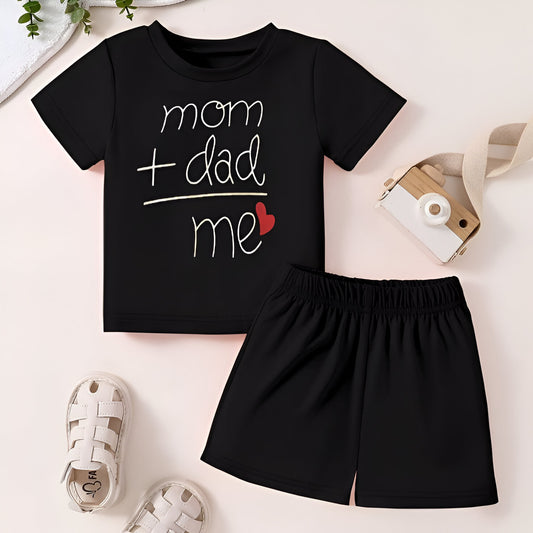 Cotton Blend Round Neck Mom + Dad Print Black T Shirt N Same Color Solid Pant Set