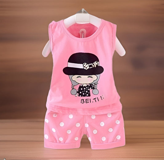 Cotton Blend Sleeveless Girls with Hat Print T-Shirt and Half Printed Pant Set